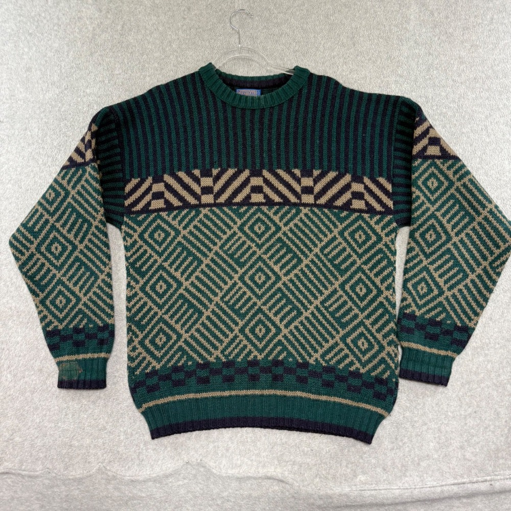 Pendleton Wool Sweater Mens Large Green Geometric Fair Isle Vintage 90s USA